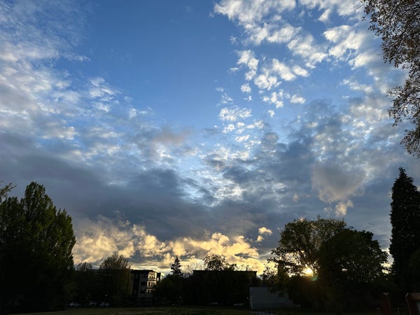 Photo of sky with various clouds, some dark and wide, some small and puffy. The sun is low at the horizon behind trees and is reflecting off a building in the distance.