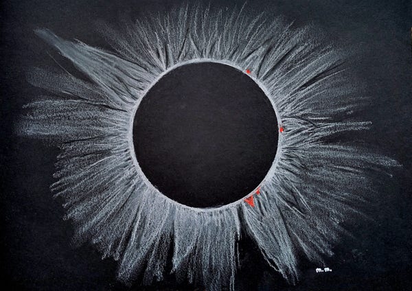 pastel drawing of totality during the 2024 solar eclipse. The sun is completely covered by the Moon and the corona extends out in all directions with ribbons of grey sweeping outwards. There are several small red prominences along the limb