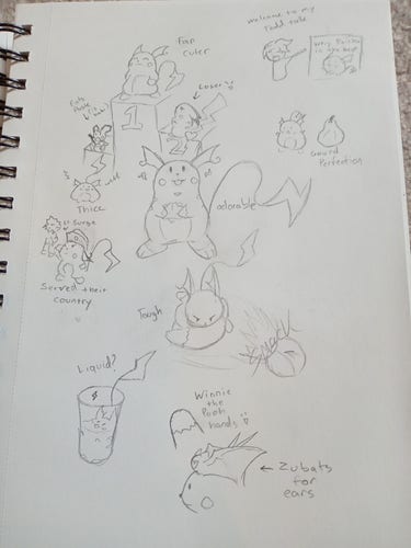 Various doodles about Raichu and why they're cute.