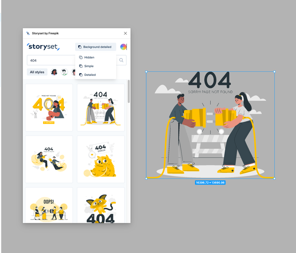 Screenshot of the plugin in Figma, on a 404 illustration, with an option to chose from hidden, simple and detailed background
