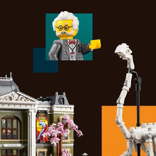 Photo of the Dec 2023 LEGO Natural History Museum including a closeup its Curator minifig and its tall stick-built brachiosaurus skeleton that fits inside one hall of the Museum - with its head poking through the second floor.

https://www.lego.com/en-us/product/natural-history-museum-10326