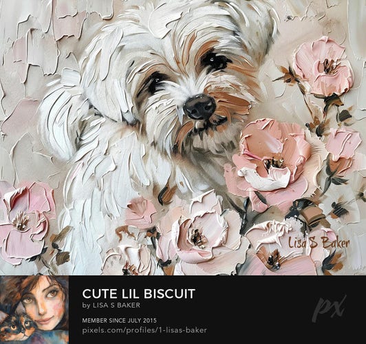 A fluffy white dog is portrayed among blooming pink roses, with an endearing expression on its face. The brushwork is dynamic and textured, giving a lively and almost tactile feel to the dog's fur and the petals of the flowers.