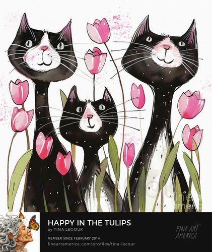 This is a digital watercolor painting of three whimsical black cats standing in some tall pink tulip flowers with a white background. 