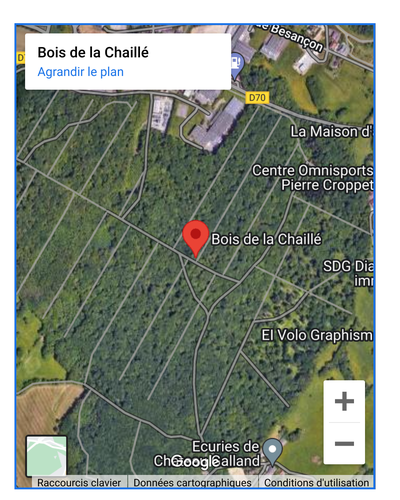 Capture d'écran de la localisation d'un site sur Google maps.
Orthographe fausse.

Il n'y a pas trop d'épingles d'annonces parasites visibles parce que c'est une forêt.