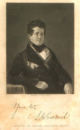 Samuel Griswold Goodrich.

 Vintage engraving of a man in a suit, showcasing classic style and elegance.