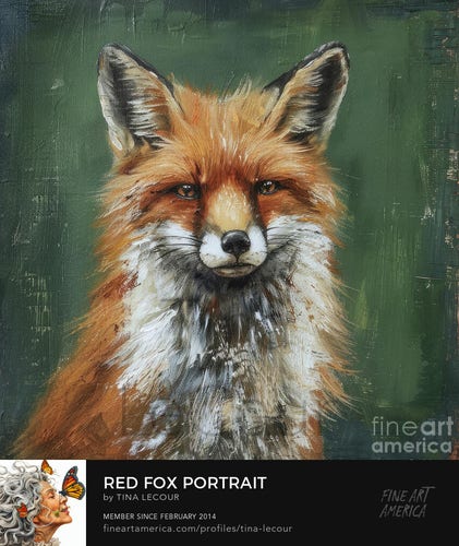 This is a painting of a pretty red fox with a very textured green background. 