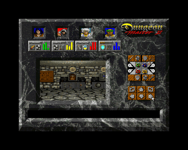 Screen grab of Dungeon Master II running on a Power Mac G4 733MHz, my characters standing in front of the furnace indicator screen in SkullKeep.