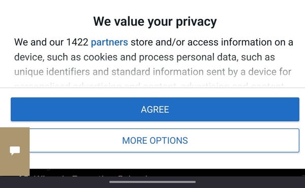A cookie popup signaling that the site and it's 1422 partners value my privacy 