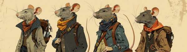 a color pen and ink & watercolor illustration of four rats. 


They're standing upright, and wearing people clothes.  The photo cuts off around waist height.

The center two have their tails up and all of them are wearing great scarfs. 

you can see a hint of their backpacks and the clothes look a little early 1900s but... they're so adorable.