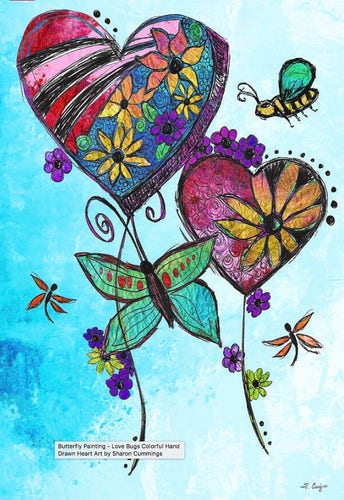 Colorful hearts with flowers surrounded by a honey bee, dragonfly and butterfly by artist Sharon Cummings.