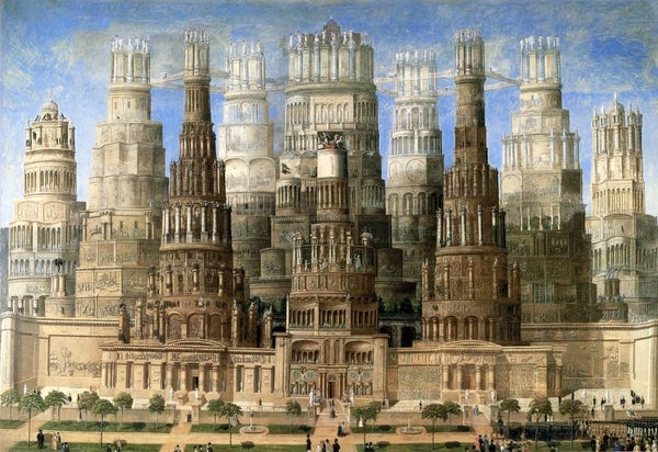 a series of tall columned towers