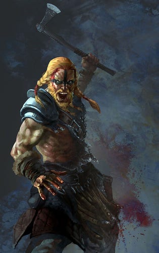 A color painting of a Viking warrior; he appears to be yelling while wielding an axe held above his head, about to deliver a blow. Blood is running from his forehead, either from a wound or from a wound inflicted on another. 