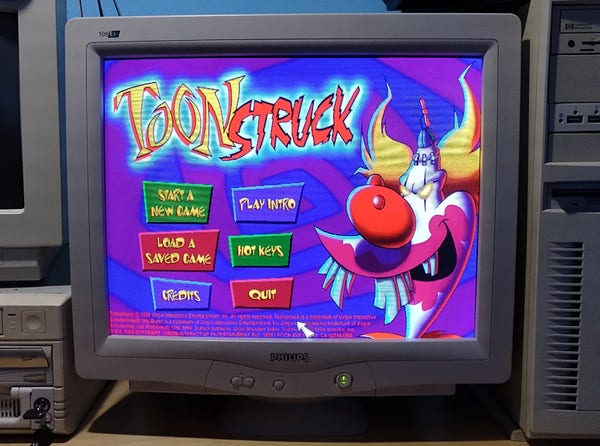 Toonstruck (DOS) title/menu screen on Philips CRT monitor