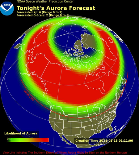 Map showing tonight's aurora forecast... Kp of only 6, so only to idaho/washington etc. to maine