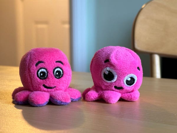 Photograph of two plushy octopi received from Octopus Energy. They are sitting on a table in a family home. The octopus on the left is sitting straight, has a bit of a cheeky smile, and a relatively normal pupil to eye ratio. On the right is an octopus that is slouching towards its left and has dilated pupils.