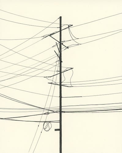 Black ink drawing, silhouette of a utility pole and power lines