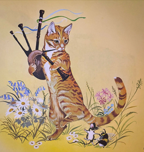 Colorful illustration of a shorthaired ginger tuxedo tabby up on its hind legs, dancing amongst some wildflowers and playing bagpipes. On the ground beside him a mouse and large bee are dancing together.