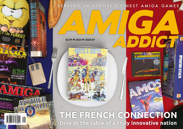 A landscape magazine cover of Amiga Addict with the French flag and a load of French games