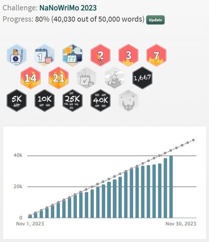 Screenshot from NanoWriMo site showing I've written just over 40,000 words.