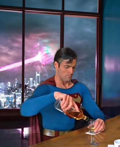 Superman from Superman 3 pouring a drink, in front of the window with an evident alien invasion from the new Superman movie video.