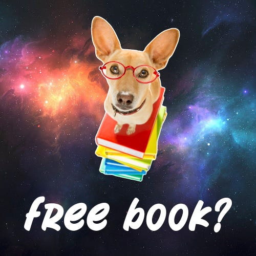 Image of a dog wearing glasses and sitting on a stack of books. Text reads: Free book?
