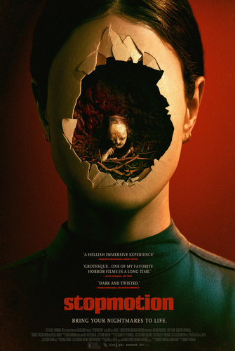 Movie poster for STOPMOTION:
A woman's face is broken open like an egg with a doll head and hand inside