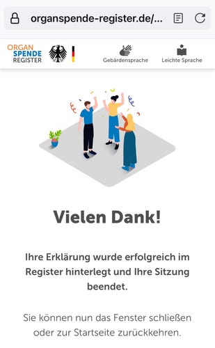 Illustration of three animated characters celebrating with confetti, with the text "Vielen Dank!" and additional German text thanking for an organ donation registration.