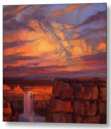 Metal print of an original oil painting depicting a build-up of storm clouds over Palouse Falls, Washington.