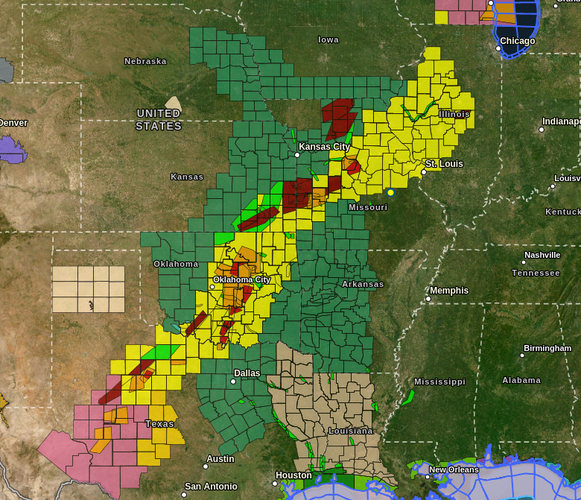 Visual display showing scads of tornado warnings on a map