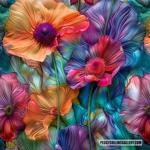 Colorful artwork of poppies growing in profusion in a rainbow of colors, by artist Peggy Collins.