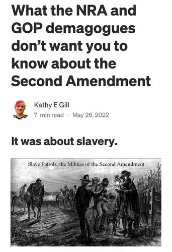 What the NRA and GOP demagogues don’t want you to know about the Second Amendment.

It was about slavery.
