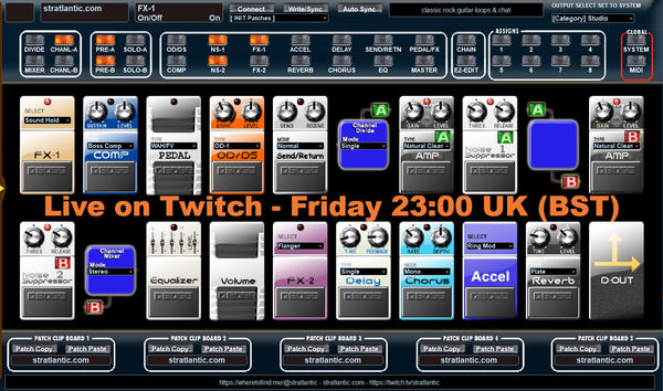 Screenshot of FXFloorboard - a freeware front end for the Boss GT-100 guitar multi fx pedal.