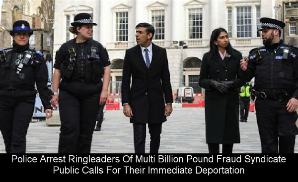 Stock photograph of the unelected PM of England and former Home Secretary surrounded by police captioned "
Police Arrest Ringleaders Of Multi Billion Pound Fraud Syndicate
Public Calls For Their Immediate Deportation"