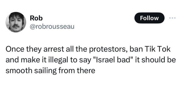 Once they arrest all the protestors, ban Tik Tok and make it illegal to say "Israel bad" it should be smooth sailing from there 