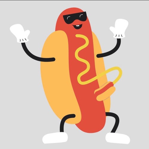 Illustration of an anthropomorphic hotdog wearing sunglasses, white gloves, and white shoes. 

The hotdog has an erection in the form of another smaller hotdog, and that hotdog is squirting mustard all over the larger hotdog's belly.