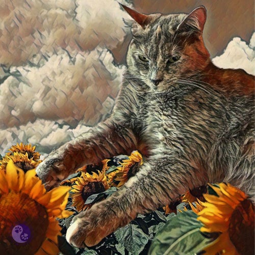 A photo illustration of a dilute tortoiseshell cat in pastel filters against bright clouds while she lies regally on a bed of sunflowers.