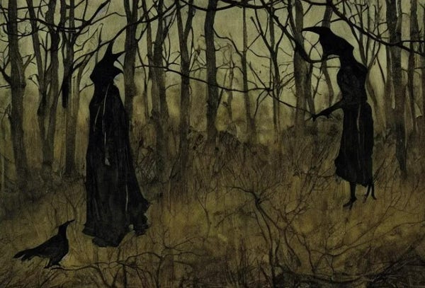 Painting done in shades of dark and olive greens, black, dark yellows and browns. Bare trees in the background. The dark browns and yellows look like a scruffy forest floor with underbrush. On the ground is a solid black crow, like a shadow. Two witches are solid black, like shadows with antlers on their heads. 
