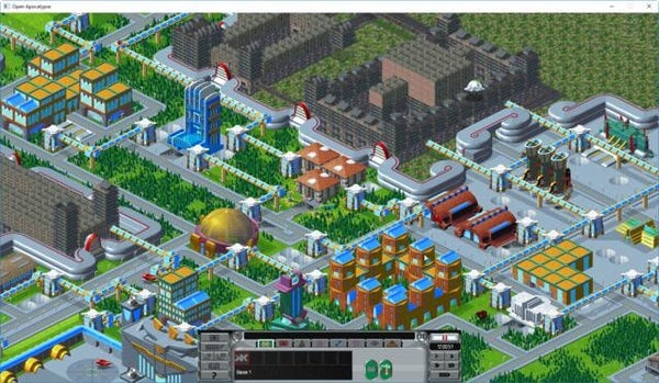 🕶️ A view of his UI showing a futuristic city with buildings, roads, covered walkways connecting the buildings and huge, dark, sad buildings in some places. At the bottom center, the game's control interface, with several tabs.

📚️ X-COM: Apocalypse is a turn-based strategy game (3rd opus, released in 1997) with real-time combat options, 3rd part of the X-COM series. It takes place in 2084, 40 years after the 2nd, in MegaPrimus, a megalopolis built on the ruins of Toronto. Dimensional portals appearing above MegaPrimus are the access point of a new alien race... OpenApoc is a libre and multi-platform compatible and improved engine (support of modern hardware, modding, removal of limitations, ...).