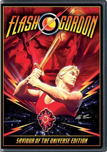 Flash Gordon poster, he is lifting a sword while Ming's face looks on from the background.
