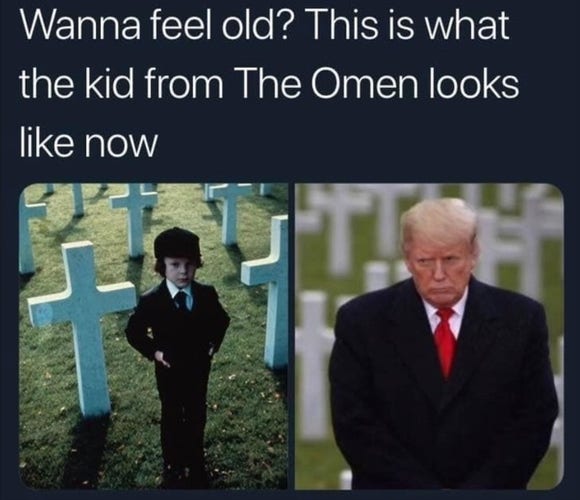 A young Damien in a graveyard from the Omen film. Trump as a grown up Damien in a graveyard.