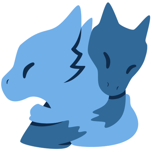 A simple vector icon of two blue silhouetted dragons hugging, in the style of the Twemoji “People Hugging” emoji, in PNG format