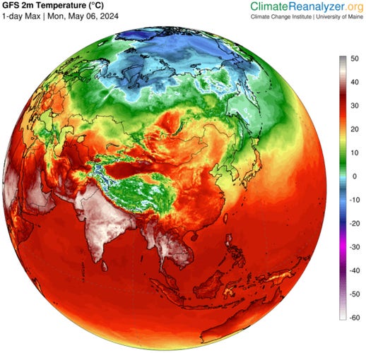 Ein Trmperatur-Globus mit Perspektive auf Asien zeigt Temperaturen von über 45 Grad Celsius in Indien und anderen Teilen des eurasischen Gürtels.