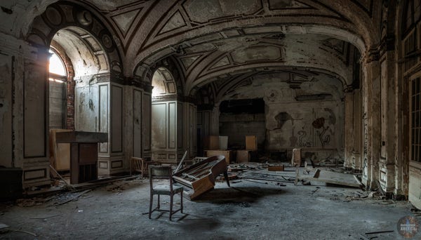 A dimly lit ballroom with fading light shining through arched windows that have been almost completely bricked up on the left. In the center of the room there is a battered piano with a chair in front of it. Remnants of the beautiful paintwork are still visible on the walls and ceiling.