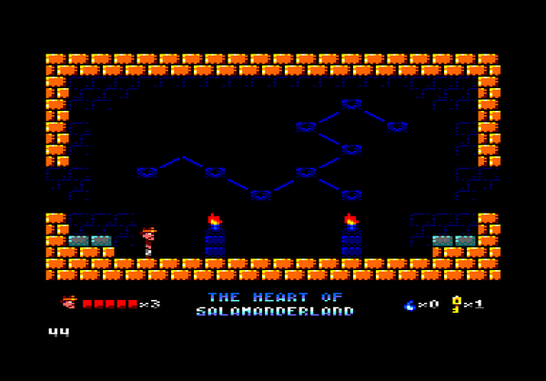 A screen of The Heart of Salamanderland (WIP for the Amstrad CPC). The hero, Patton, is looking at a a carving on the wall lighted by two torches. It looks like a constellation in which each star is a tile that looks like the Tears of The Guardian.