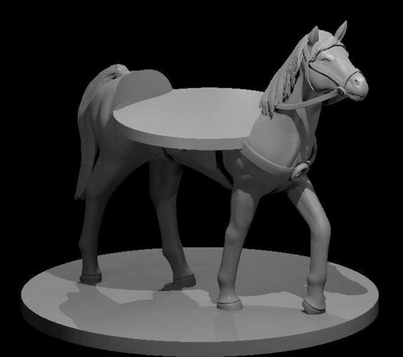Image of a CAD model for 3D printing.
The model is of a horse standing on a circular mounting surface. Part of the horse's back has been replaced with a circular platform so that another smaller miniature (with circular base) could be placed there to suggest the horse being ridden.