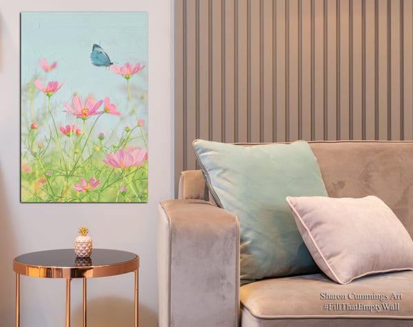 Picture of a spring garden with pink cosmos and blue butterfly in a furniture setting by artist Sharon Cummings.