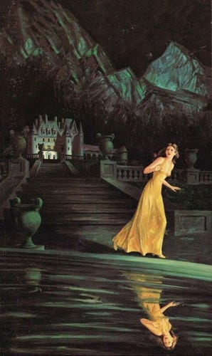 A nervous looking woman runs away from a brooding mansion at the foot of imposing mountains at night, her reflection waving in the water of a pool at her feet.