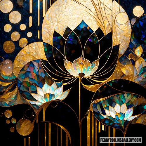 Abstract artwork of lotus flowers with a stained glass effect with golden orbs and shapes against a black background, by artist Peggy Collins.