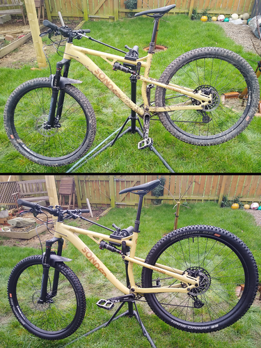 Before and after photo of a dirty and clean mountain bike.
