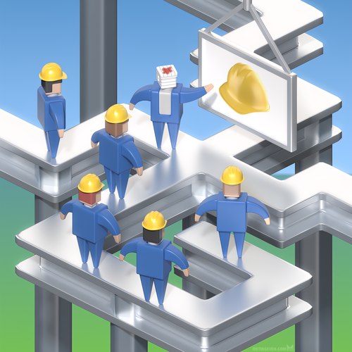 Stylized 3D illustration, showing a group of construction workers, being educated by a fellow worker with his head wrapped in bandages, pointing at an image of a safety helmet.